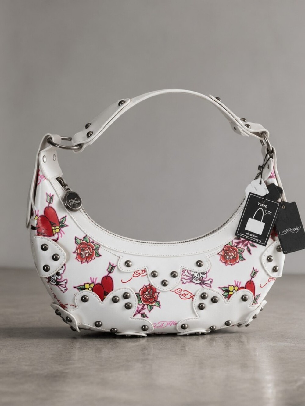Ed Hardy White Shoulder Bag with Pink & Red Floral Hearts